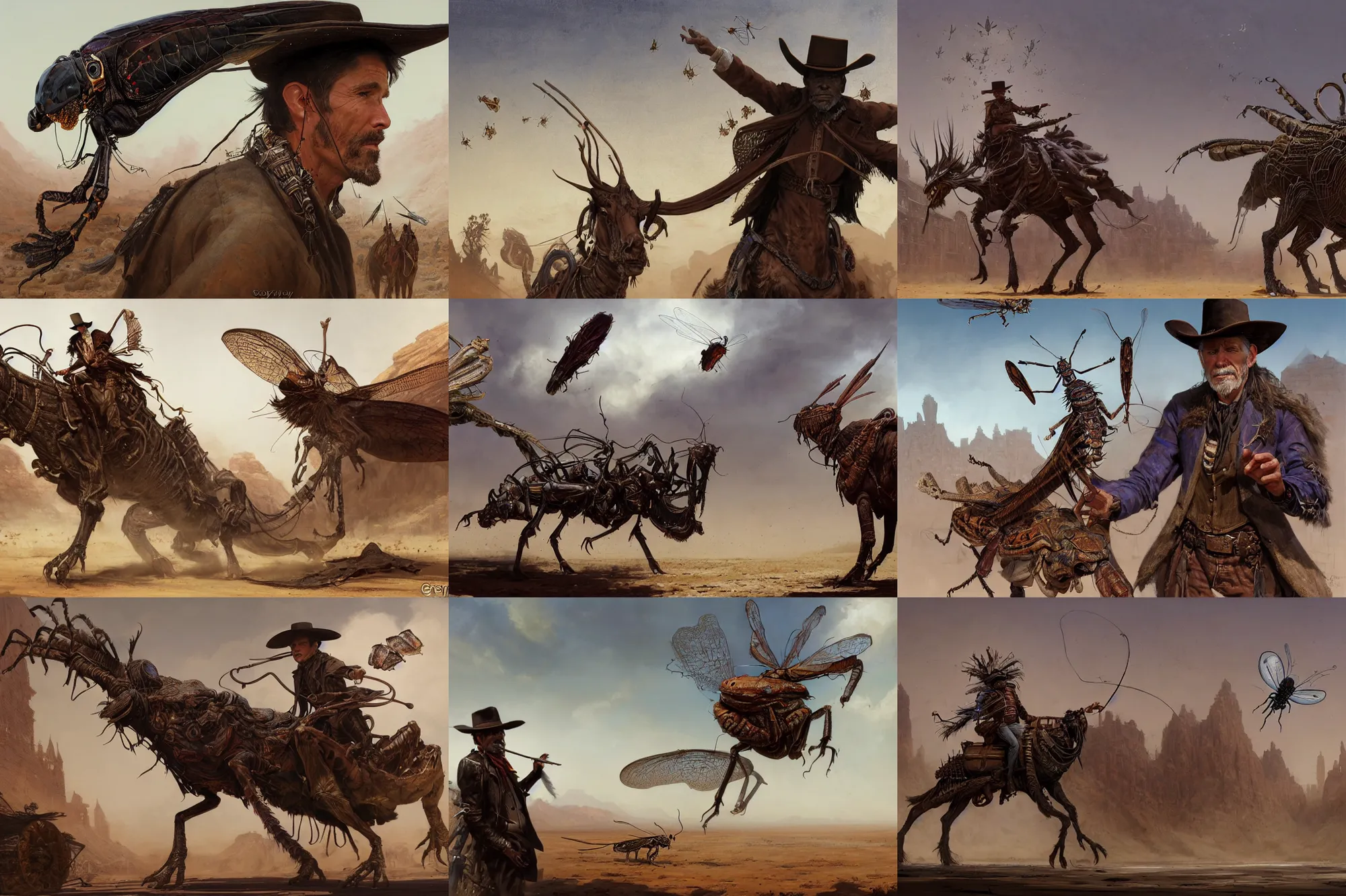 Prompt: A very highly detailed wild west sorcerer with a very highly detailed face with spellbooks and potions riding on a very higly detailed large grasshopper insect on the street of a wild west town digital rational painting art by Greg Rutkowski, sci-fi magic highly detailed, digital concept art, sharp focus, realistic concept art by Stephen Hickman and James Gurney and Hiromasa Ogura Ghost in the Shell rendered in Octane Render, From the distance