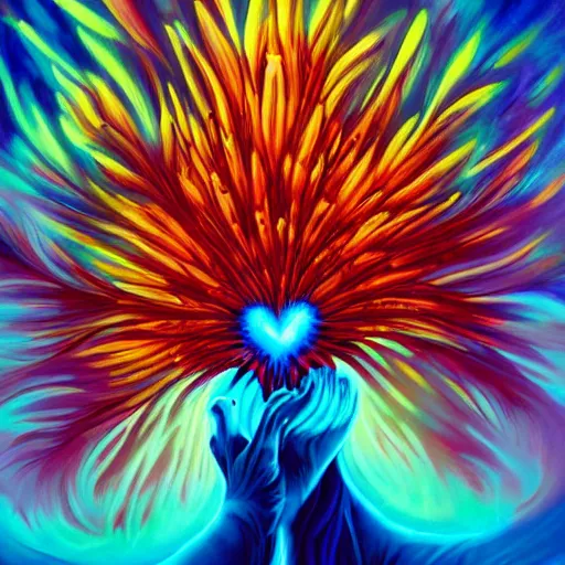 Image similar to a beautiful acrylic painting by andreas rocha and Anato Finnstark of a heart bursting out of a rib-cage and turning into rainbows and sunflowers, neon pastel color palette, soft feminine elegant