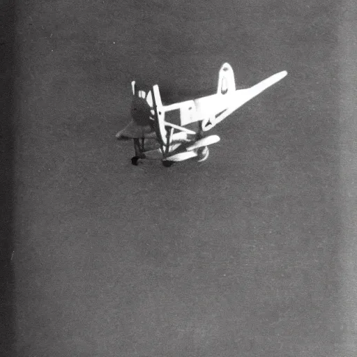 Prompt: a grainy black and white photograph of a rabbit flying a sopwith camel