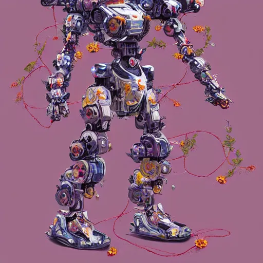 Prompt: vfx art of mecha robot wrapped in flowers & vines, art by hsiao - ron cheng & james jean, colourful, sharp, detailed, digital painting, illustration, illustration, highly detailed, intricate detail, pinterest, behance, art station,