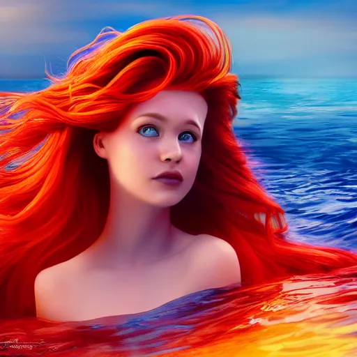 Image similar to the little mermaid swimming through a vast ocean, highly detailed face, photo realistic, full body, cinematic lighting, digital art, vivid colors, crown, 8 k