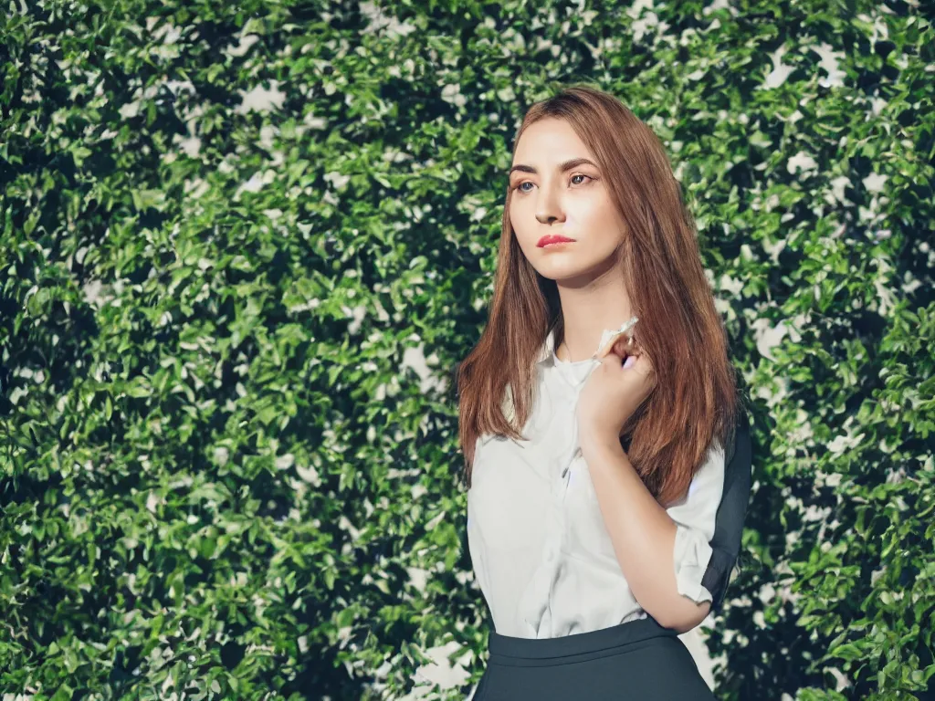 Prompt: woman thinking deeply, close up, head tilted wearing office suit, portrait pose beside window, green foliage in background, bokeh, backlighting, stock photo, 4k, octane render, photorealistic