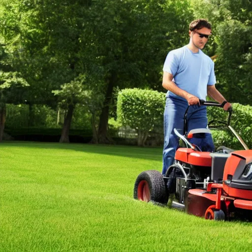 Image similar to a stock photo of a man mowing his lawn, 4 k, detailed face