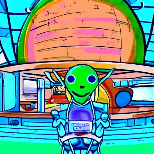 Image similar to selfie of a funny cute alien in an alien vacation resort