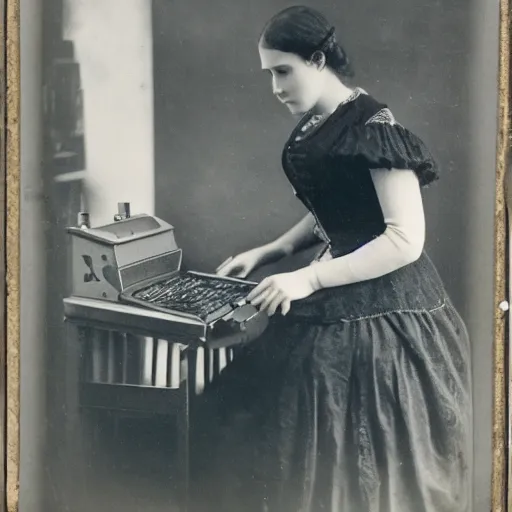 Prompt: a daguerrotype photo of a woman using a game computer, award winning photo