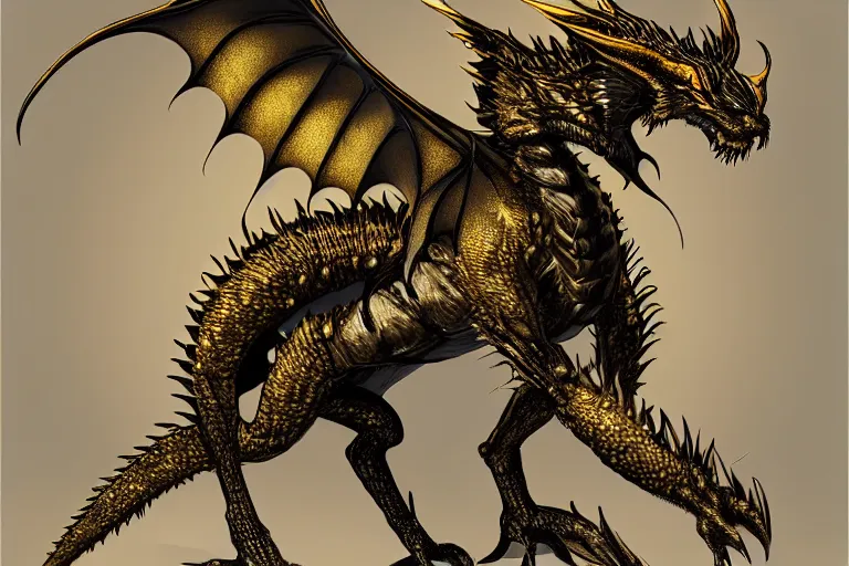 Prompt: ! dream full body digital illustration of an adult dragon of black and gold by randy vargas, bituminous design studio lighting, concept art, matte background, deviantart, artstation