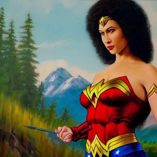 Image similar to a closeup photorealistic photograph of bob ross working on a canvas painting of wonder woman. film still. brightly lit scene. mountains and trees. this 4 k hd image is trending on artstation, featured on behance, well - rendered, extra crisp, features intricate detail, epic composition and the style of unreal engine.