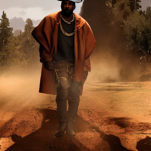 Image similar to kanye west as a horse in red dead redemption, splash art, movie still, detailed face, photorealistic facial features, cinematic lighting, dramatic, octane render, long lens, shallow depth of field, bokeh, anamorphic lens flare, 8 k, hyper detailed, 3 5 mm film grain