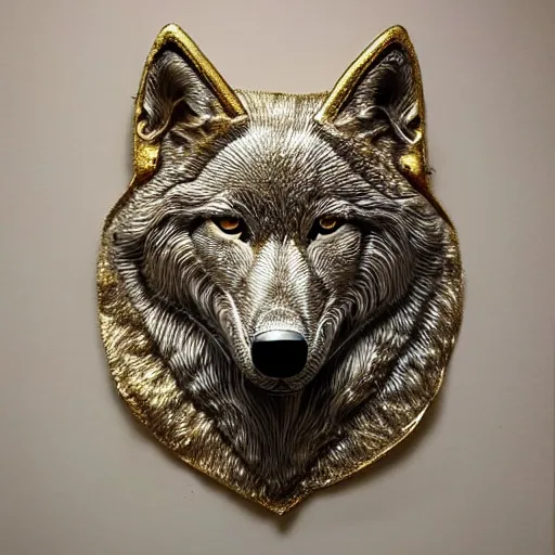 Image similar to gorgeous wolf statue portrait with gold filigree