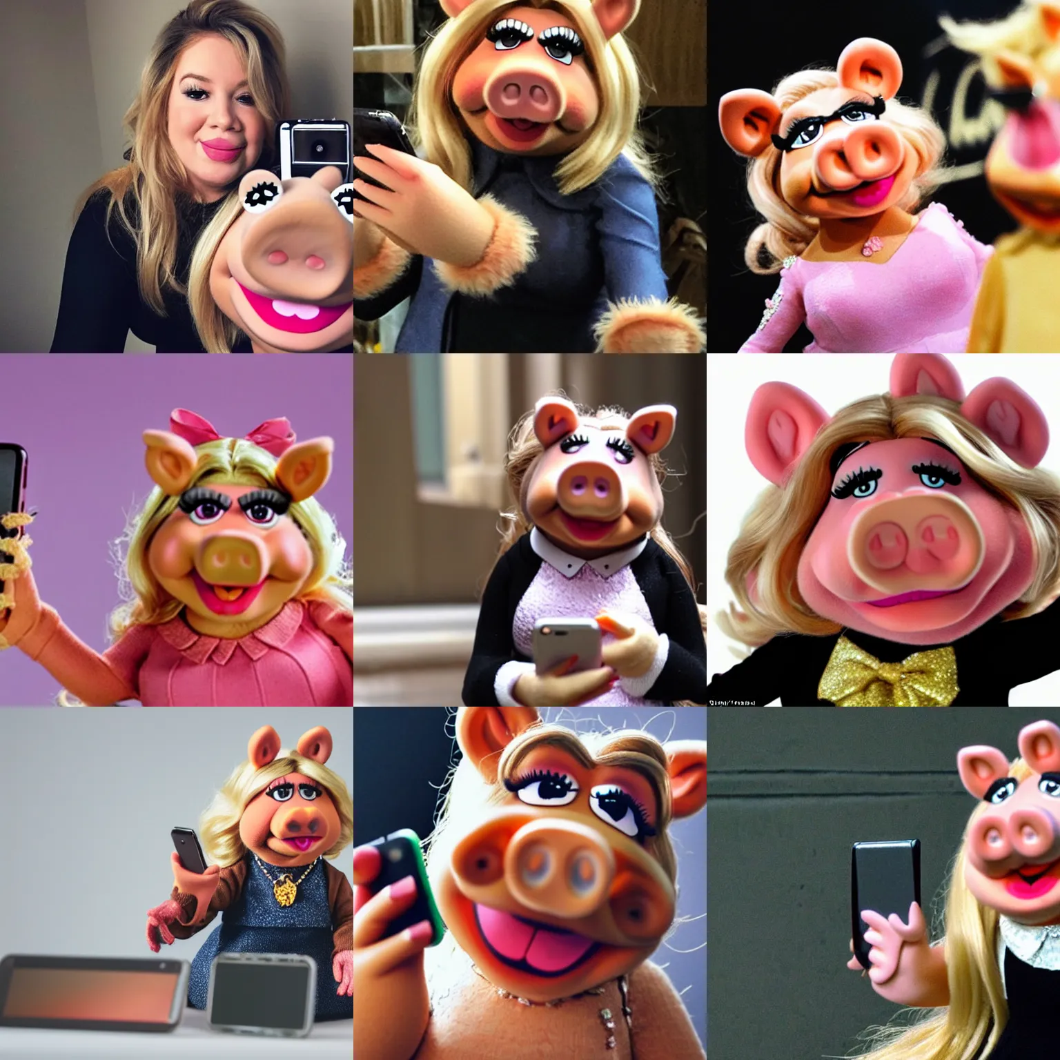 Prompt: portrait of miss piggy!!!!!!! filming herself with her smartphone