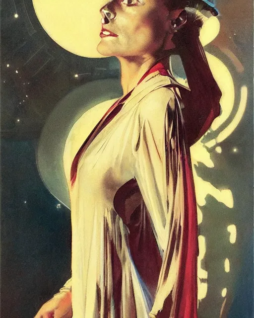 Prompt: head portrait of elegant striking mature space woman in futuristic robe, dynamic, by norman rockwell, roberto ferri, daniel gerhartz, edd cartier, jack kirby, howard v brown, ruan jia, tom lovell, frank r paul, dean cornwell, astounding stories, amazing, fantasy, other worlds