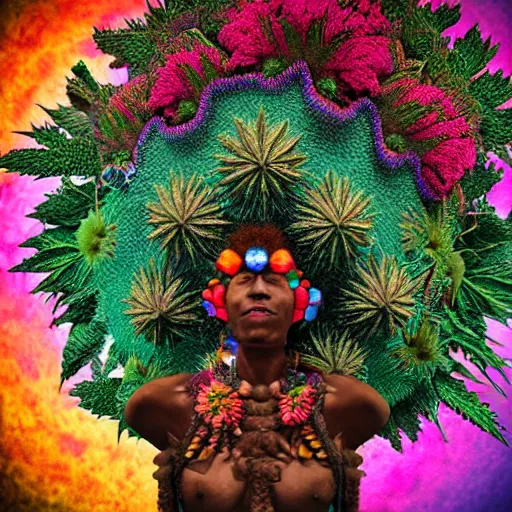 Image similar to an african marijuanna! shaman with an afro made of flowers, third eye art art by machina infinitum, complexity from simplicity, rendered in octane, mandelbulb 3 d, ambient occlusion, macro photography, felt!!! texture, tribal, neon! retrowave