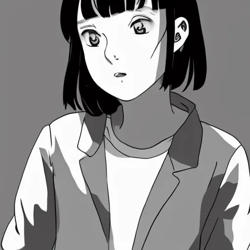 Image similar to Millie Bobby Brown in black and white anime