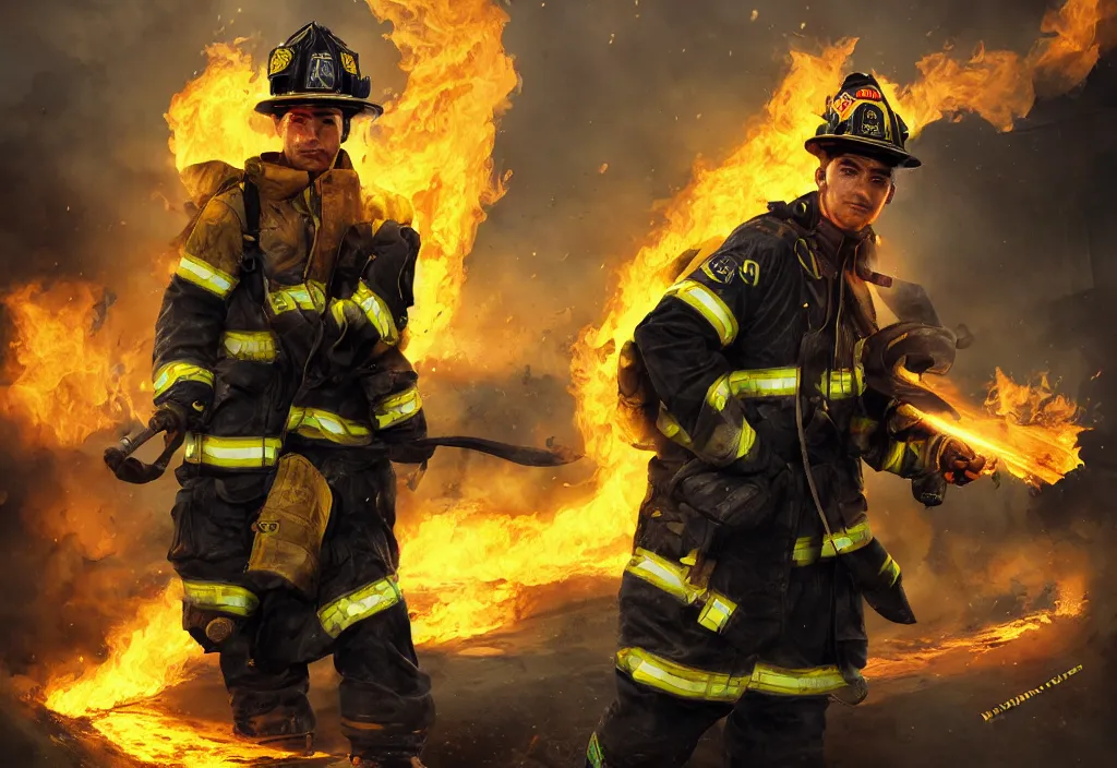 Image similar to one heroic firefighter in action in black and yellow uniform, fire flames, sharp details, sharp focus, realistic, highly detailed, illustration, by yerbol bulentayev and murat gul and pablo olivera and greg rutkowski, bloom, dramatic lighting