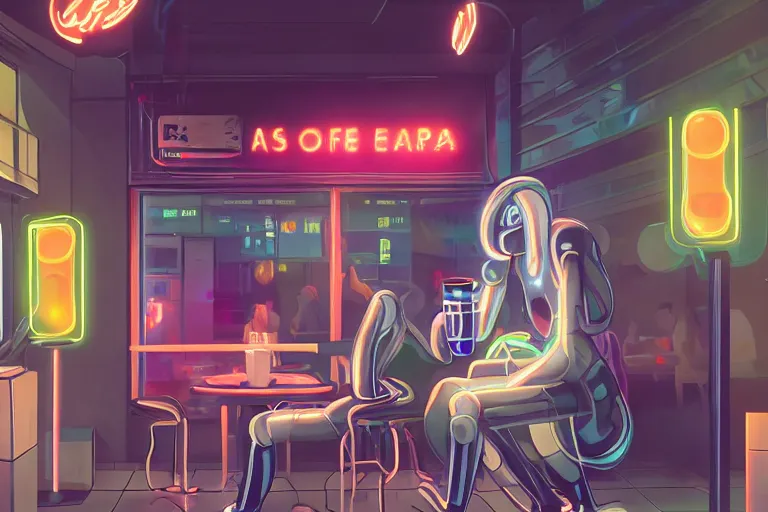 Image similar to An android with multiple arms having a cup of coffee outside a coffee shop in Japan, neon lights, digital painting, trending on artstation, deviantart, 8k, epic composition, intrinsic details, AAA graphics