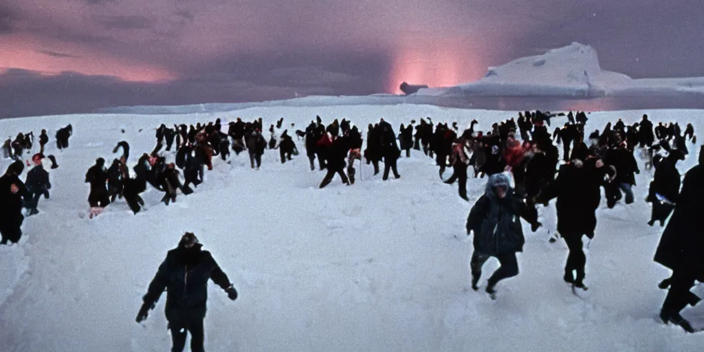 Image similar to filmic wide shot dutch angle movie still 35mm film color photograph of a crowd of people wearing snow clothing running terrified outside in antarctica, blood flying in the air, aurora borealis in the sky, in the style of a 1982 horror film