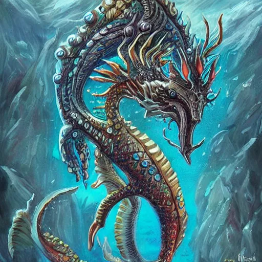 Image similar to underwater sea dragon full body, d & d style, trending on artstation, colorful, intricate, highly detailed art by ilse gort and yugin maffioli