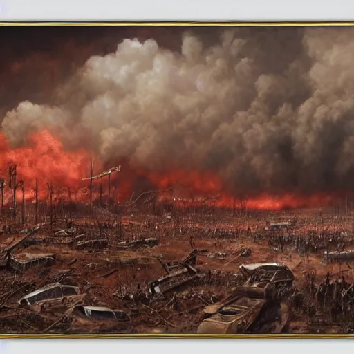 Image similar to hyper realism, realistic apocalyptic war scene, brown and red tones