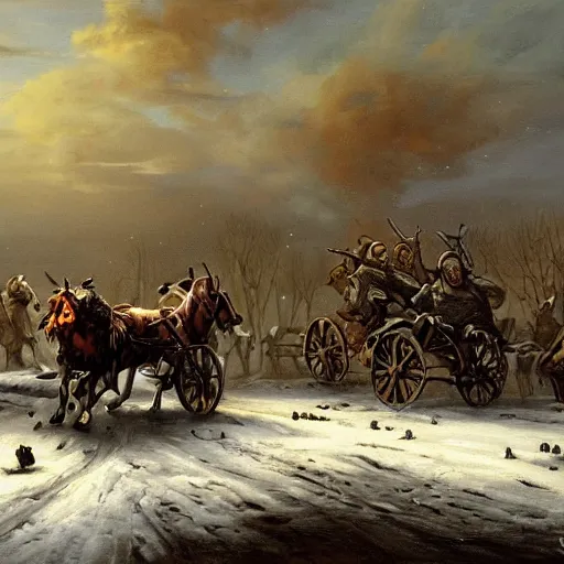 Image similar to painting of zombies attacking a carriage on a winter road, dark fantasy, high detail, realistic