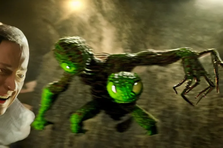 Image similar to sam raimi spider-man, played by tobey maguire battles the lizard, a large green monster wearing a lab coat, ultra realistic, 4K, movie still, UHD, sharp, marvel, cinematic