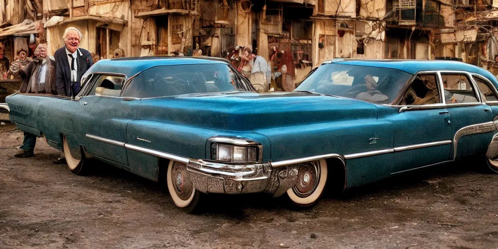 Image similar to a widescreen photo of a old cadillac full with old laughing happy old men with long hair, long beards, low light, by steve mccurry