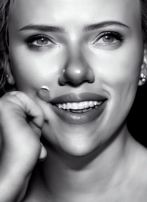 Prompt: scarlett johansson smiling at the camera while putting makeup on her face, real photo, photoshooting, studio light, black background, intricate, epic lighting, cinematic composition, hyper realistic, 8k resolution, unreal engine 5