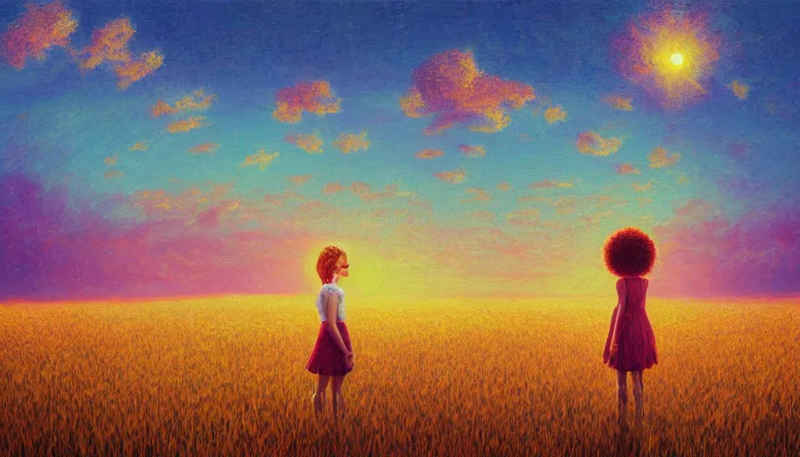 Image similar to daisy flower afro, full body, girl watching sunset, empty wheat field, surreal photography, colorful clouds, tree, impressionist painting, colorful clouds, digital painting, pointillism, artstation, simon stalenhag