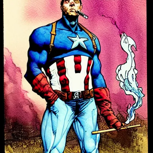 Image similar to a realistic and atmospheric watercolour fantasy character concept art portrait of captain america with pink eyes wearing a wife beater and smoking a huge blunt by rebecca guay, michael kaluta, charles vess and jean moebius giraud