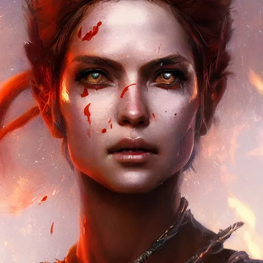 Image similar to a beautiful portrait of a fire goddess, a detailed painting by greg rutkowski and raymond swanland, featured on cgsociety, fantasy art, detailed painting, artstation hd, photorealistic, flaming background