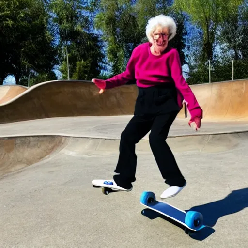 Prompt: my grandmother doing a kick-flip at the skatepark