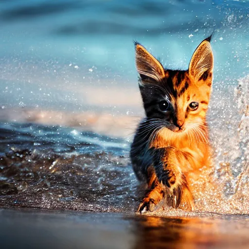 Image similar to a closeup photorealistic photograph of a cute kitten kangaroo hybrid splashing in the surf during sunset. professional capture, well lit shot. this 4 k hd image is trending on artstation, featured on behance, well - rendered, extra crisp, features intricate detail, epic composition and the style of unreal engine.