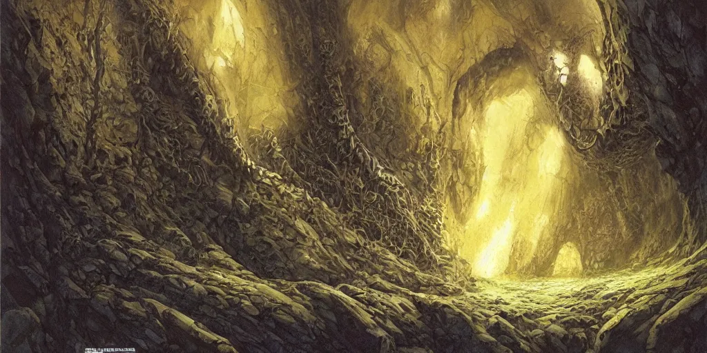 Image similar to artwork by john howe of the ruthless cavern leviathan