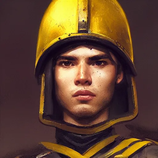 Image similar to Medium closeup young idealistic and pious male Imperial soldier wearing a black and yellow tabard over a gambeson and a steel open helm, by Raymond Swanland Greg Rutkowski Lise Deharm, {perfect face}, {perfect eyes}