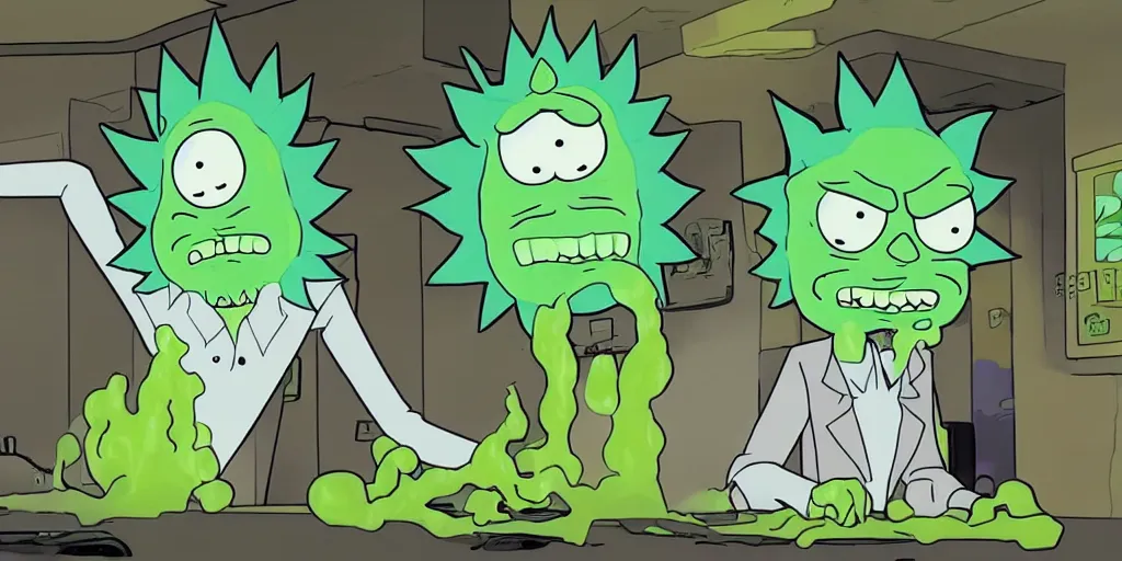 Image similar to Rick Sanchez after transforming into a Pickle Rick, terrified as his new body slowly breaks down into green goo, adult swim cartoon, 2d art