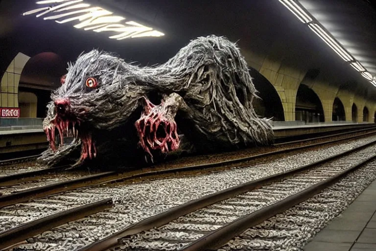 Image similar to very large giant mutant zombie irradiated ( angry rat ) staying on railways in tonnel of moscow subway. tonnel, railways, giant angry rat, furr, fangs, claws, very realistic. extreme long shot, 1 6 mm, rusty colors, anish kapoor, ( herman nitsch, giger ).