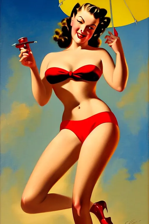 Image similar to 1940s pinup bikini girl, oil painting, by Gil Elvgren