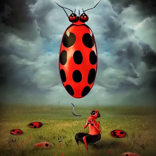 Prompt: ladybug as a monster, surrealism art style, scary atmosphere, nightmare - like dream