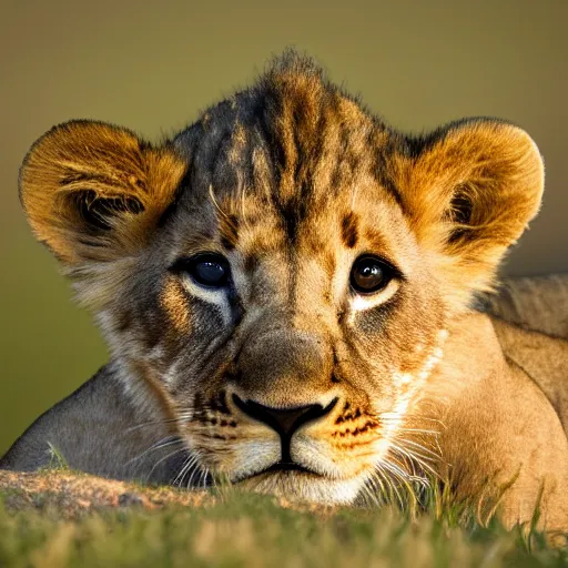 Prompt: Photorealistic photograph of a lion cub by Suzi Eszterhas, photorealism, photorealistic, realism, real, highly detailed, ultra detailed, detailed, 70–200mm f/2.8L Canon EF IS lens, Canon EOS-1D Mark II, Wildlife Photographer of the Year, Pulitzer Prize for Photography, 8k, expo-sure 1/800 sec at f/8, ISO 400