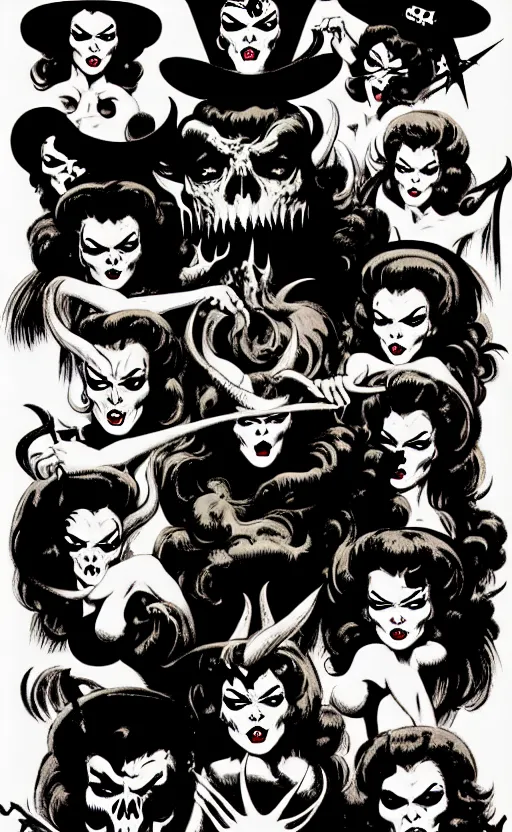 Image similar to witches sabbath, detailed faces, psychobilly, rockabilly, punk, white background, vector art, illustration by frank frazetta