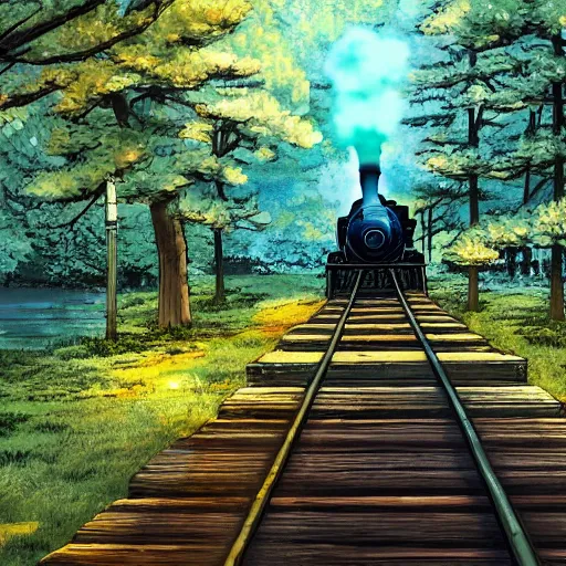 Image similar to distant shot of a steam train going over a old wooden bridge in a forest, anime, by makoto shinkai, forest, highly detailed