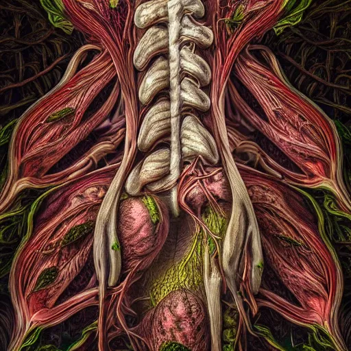 Image similar to a beautiful detailed photo of a rotten woman corpse open in two sides morphing into fractal plants and fractal flowers and mushrooms, muscles, veins, anatomical, intricate, ornate, volumetric light, beautiful lit, romero ressendi