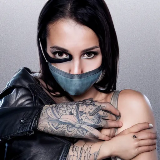 Prompt: Hot young woman, grey skin, void eyeballs, tattoos, wearing a leather jacket, hugging a shrouded and masked person to her chest concept art, 8k