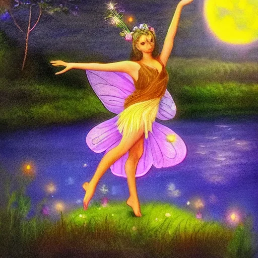 Prompt: A flower and magical fairy dancing in a river with de moon glow in the background