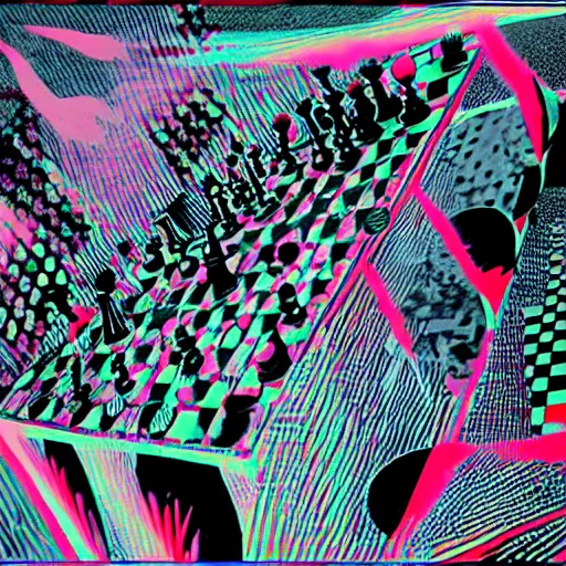 Image similar to risograph found footage of a chess explosion, void, computer glitches