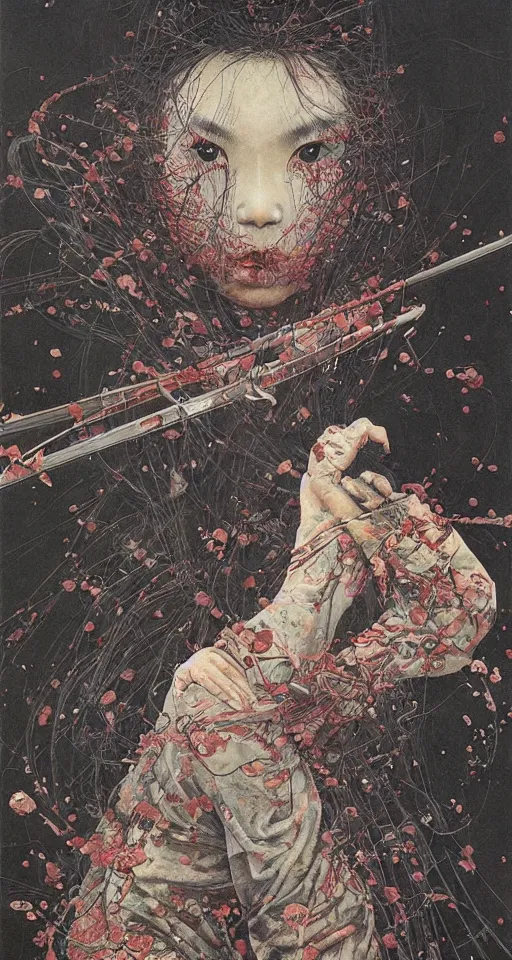 Image similar to Japanese schoolgirl runs away from Samurai with a katana on the subway, high detailed Beksinski painting, part by Adrian Ghenie and Gerhard Richter. art by Takato Yamamoto. masterpiece