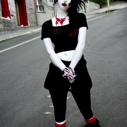 Image similar to a pale emo girl, messy black and red hair, waist length, british street background, flickr, 2 0 0 6