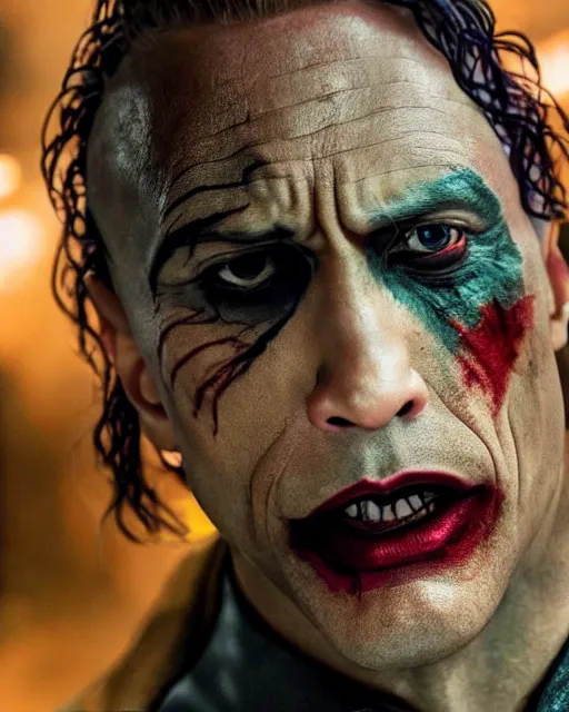 Image similar to Film still close-up shot of Dwayne The Rock Johnson as The Joker from the movie The Dark Knight. Photographic, photography