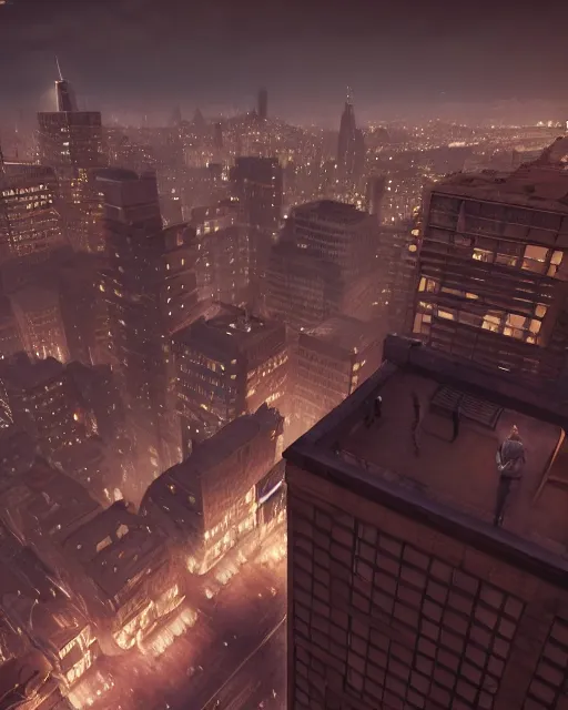 Prompt: a night rooftop scene, close up shot of a photorealistic gangster wearing a trench coat looking at the city below, unreal engine, hyper realism, realistic shading, realistic lighting