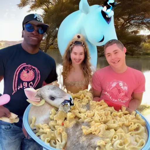 Prompt: A group photo of a seal, a unicorn, a goat and a box of mac and cheese