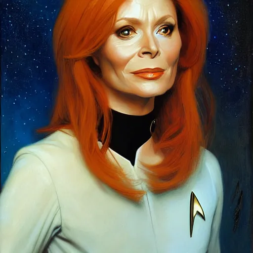 Image similar to a portrait of dr crusher, star trek the next generation. highly detailed painting by gaston bussiere, craig mullins, j. c. leyendecker, furry